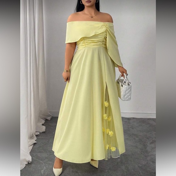 Elegant Yellow Off-Shoulder Evening Dress - Picture 1 of 12